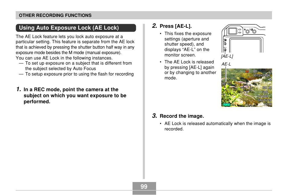 Using auto exposure lock (ae lock) | Casio EX-P700 User Manual | Page 99 / 267