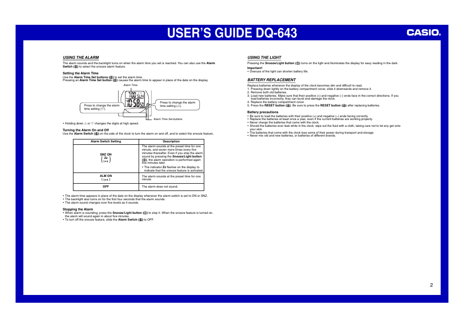 Using the alarm, Using the light, Battery replacement | User’s guide dq-643 | Casio DQ-643 User Manual | Page 2 / 2