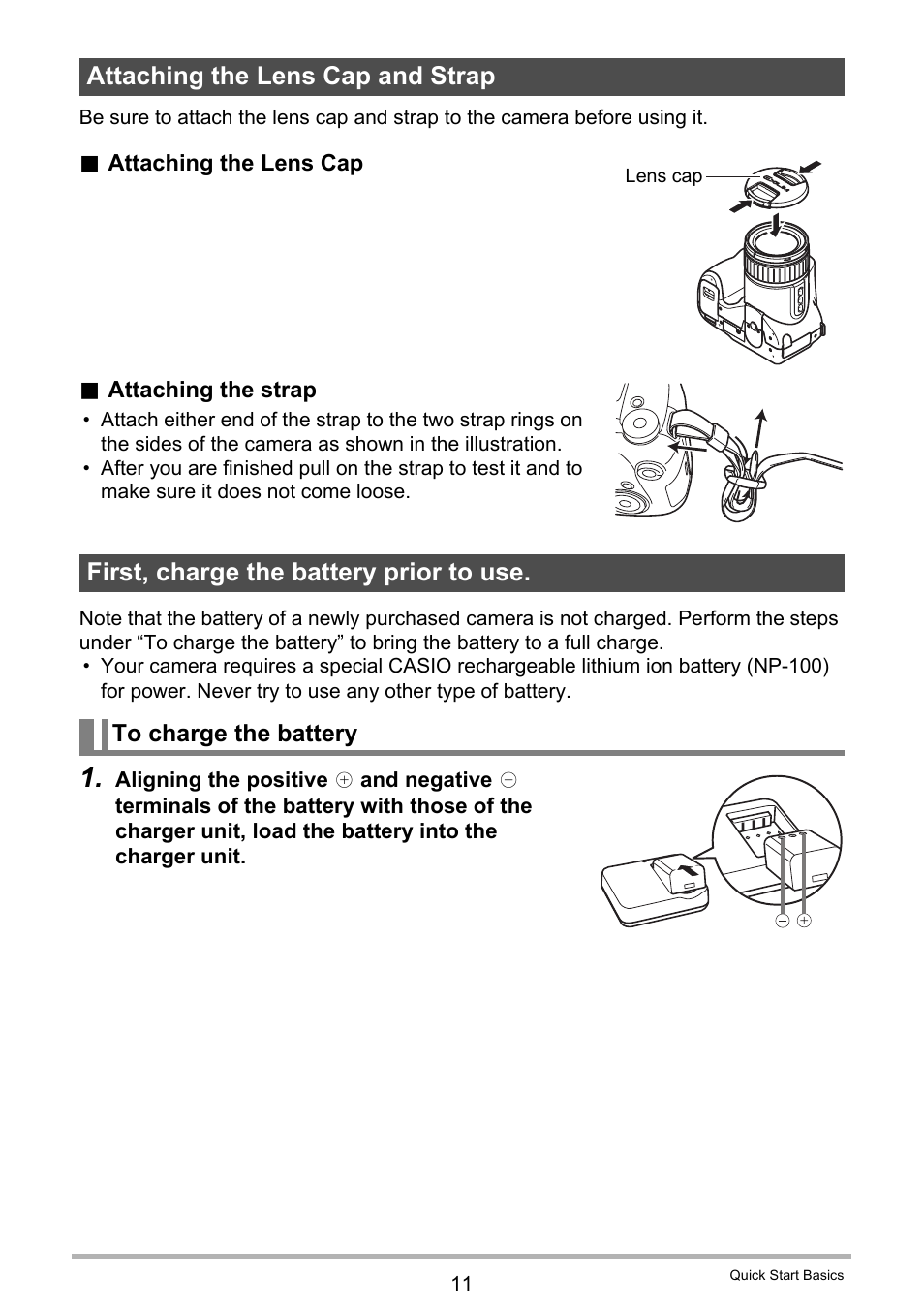 Attaching the lens cap and strap, First, charge the battery prior to use, To charge the battery | Casio EX-F1 User Manual | Page 11 / 186
