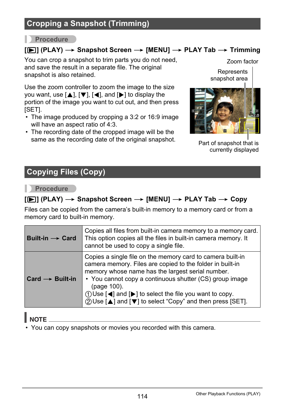 Cropping a snapshot (trimming), Copying files (copy) | Casio EX-F1 User Manual | Page 114 / 186