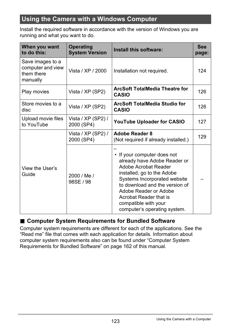 Using the camera with a windows computer, To “using the camera with a windows computer | Casio EX-F1 User Manual | Page 123 / 186