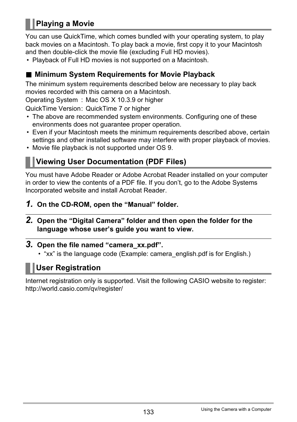 Playing a movie, Viewing user documentation (pdf files), User registration | Casio EX-F1 User Manual | Page 133 / 186