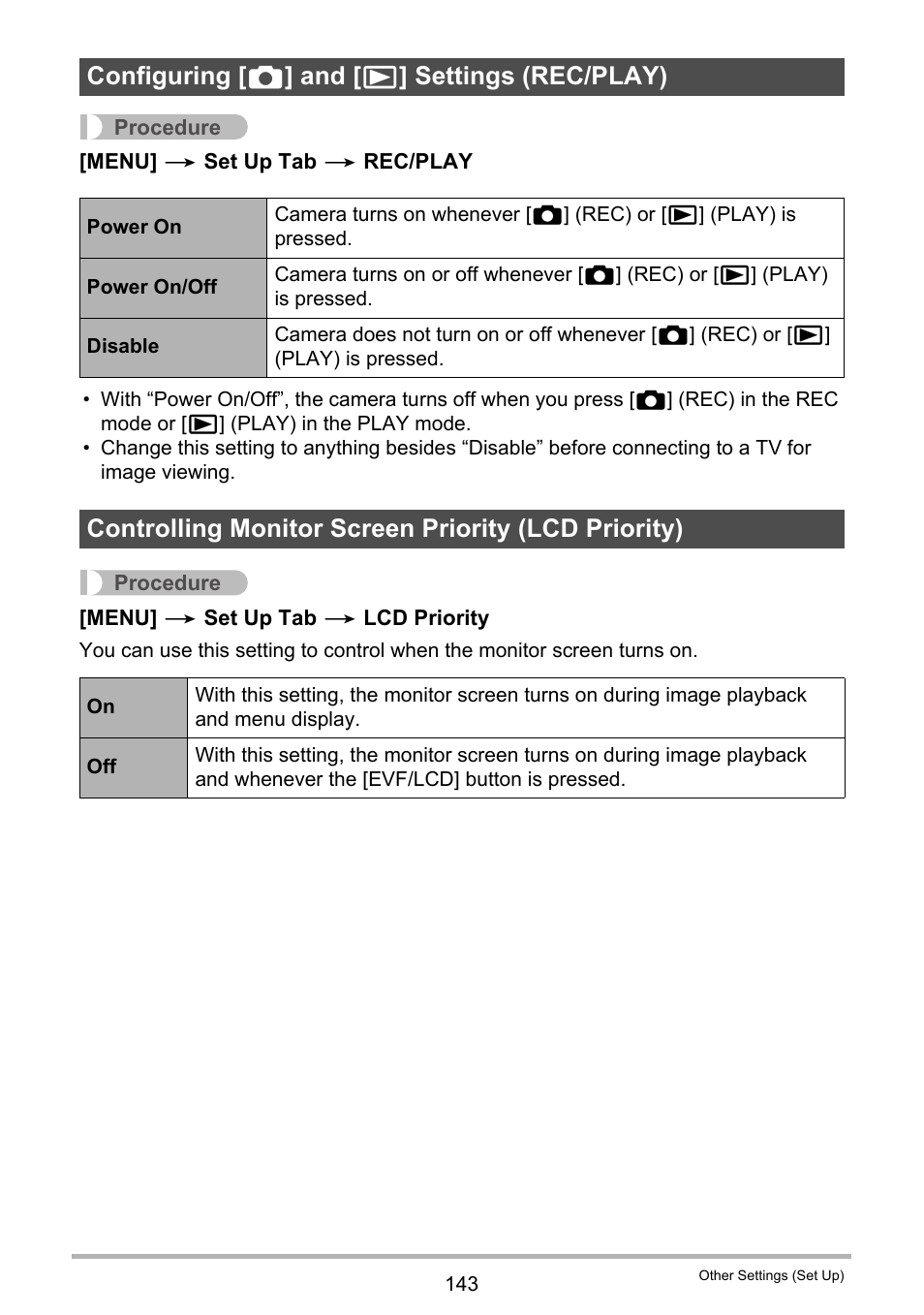 Configuring [_] and [>] settings (rec/play), Controlling monitor screen priority (lcd priority), Configuring [ r ] and [ p ] settings (rec/play) | Casio EX-F1 User Manual | Page 143 / 186