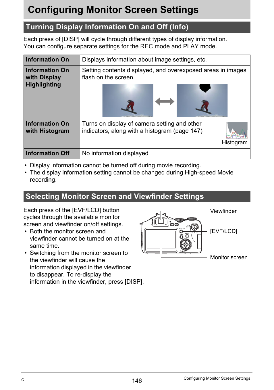 Configuring monitor screen settings, Turning display information on and off (info), Selecting monitor screen and viewfinder settings | Casio EX-F1 User Manual | Page 146 / 186