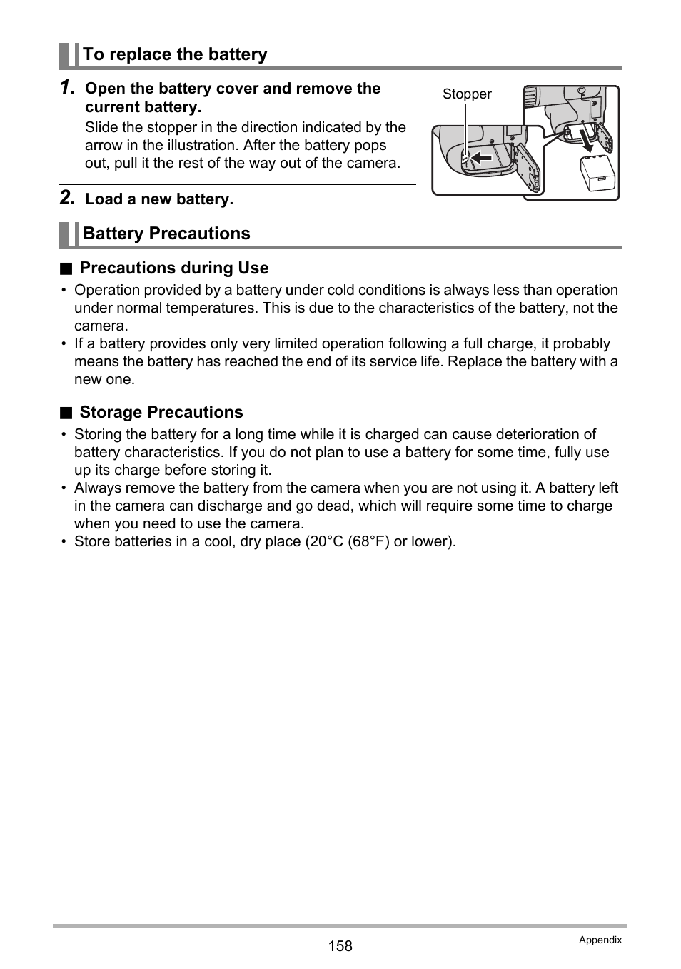 To replace the battery, Battery precautions | Casio EX-F1 User Manual | Page 158 / 186