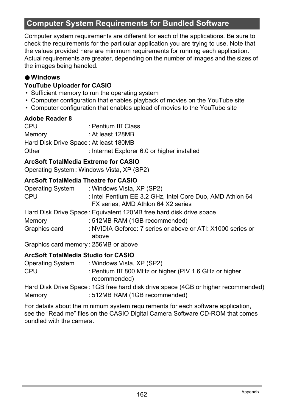 Computer system requirements for bundled software | Casio EX-F1 User Manual | Page 162 / 186
