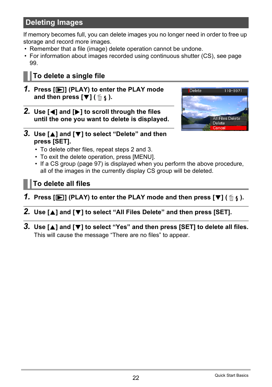 Deleting images, To delete a single file, To delete all files | Casio EX-F1 User Manual | Page 22 / 186