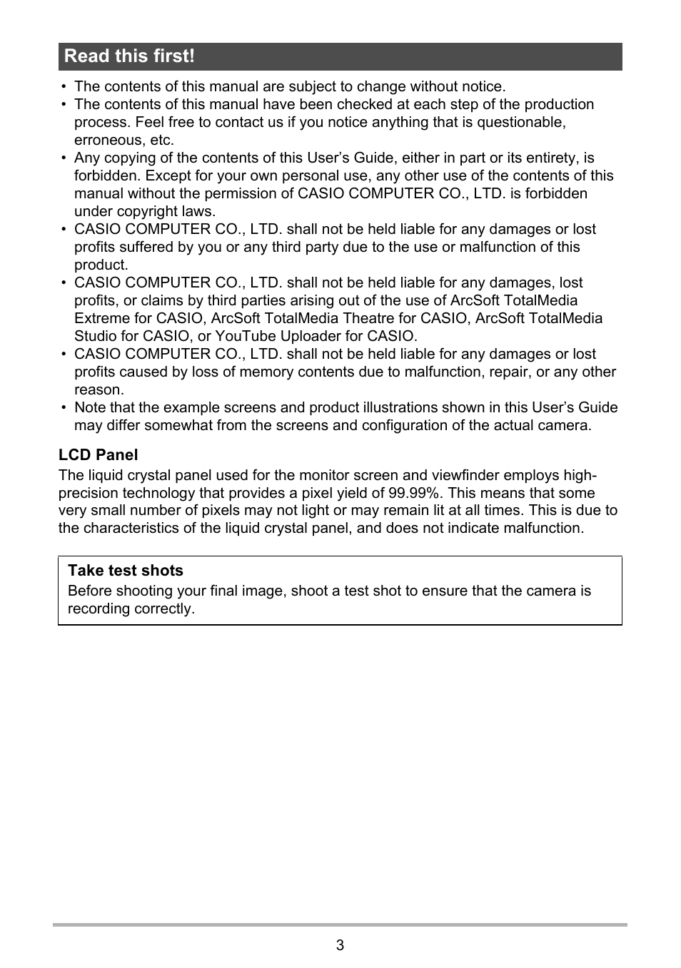 Read this first | Casio EX-F1 User Manual | Page 3 / 186