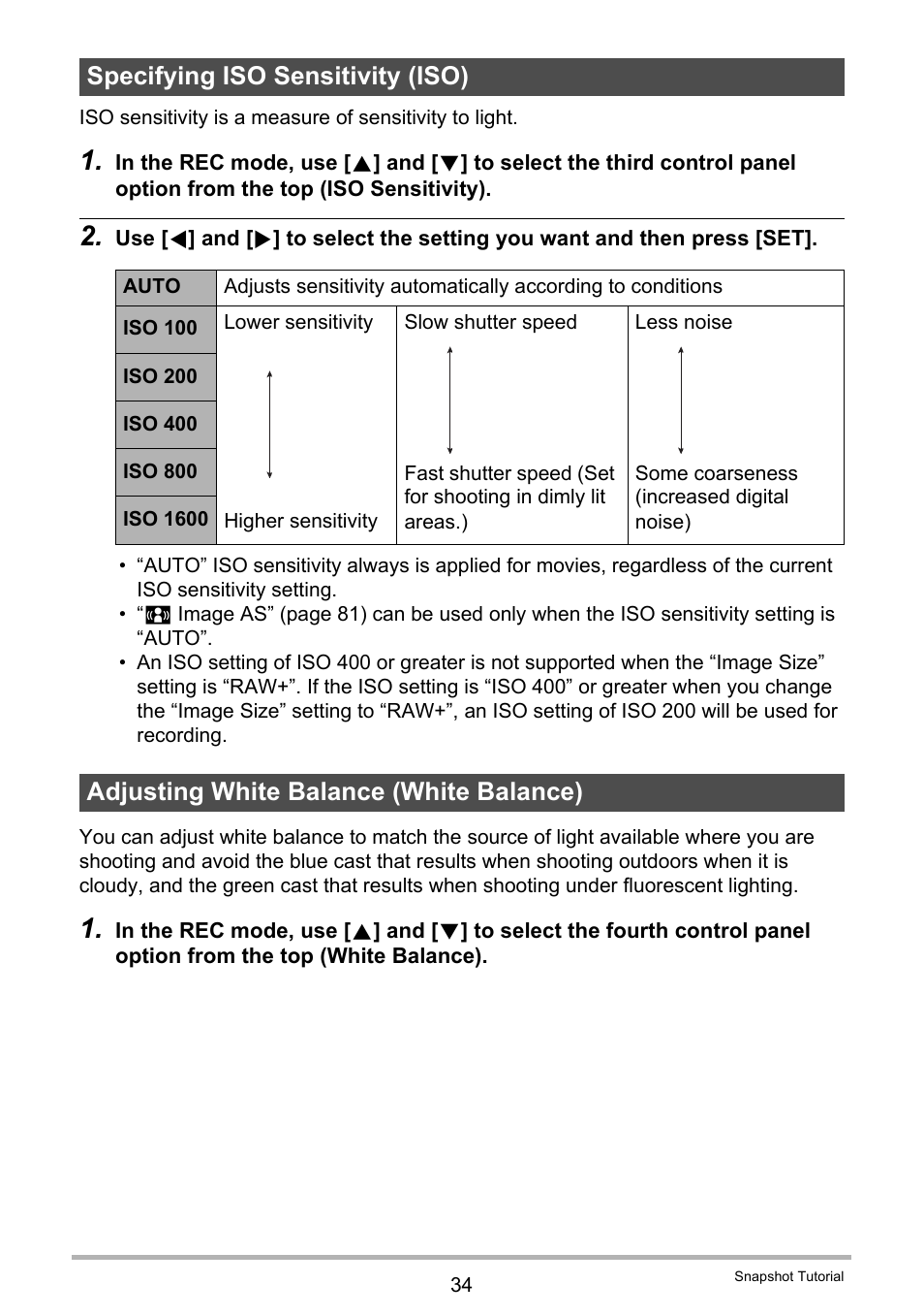 Specifying iso sensitivity (iso), Adjusting white balance (white balance), E 34) | Casio EX-F1 User Manual | Page 34 / 186