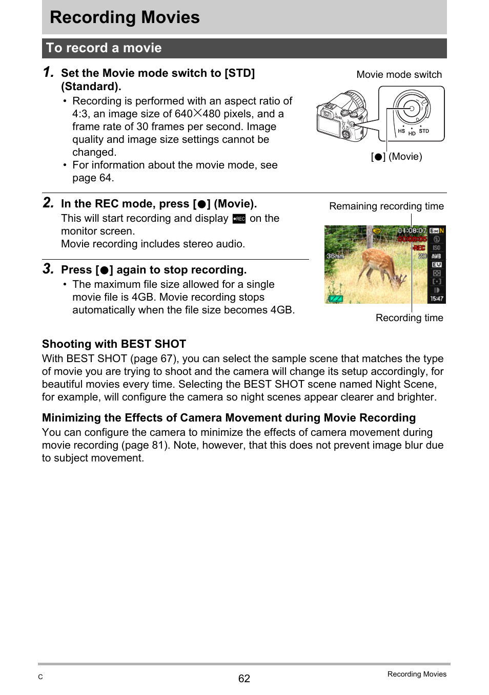 Recording movies, To record a movie | Casio EX-F1 User Manual | Page 62 / 186