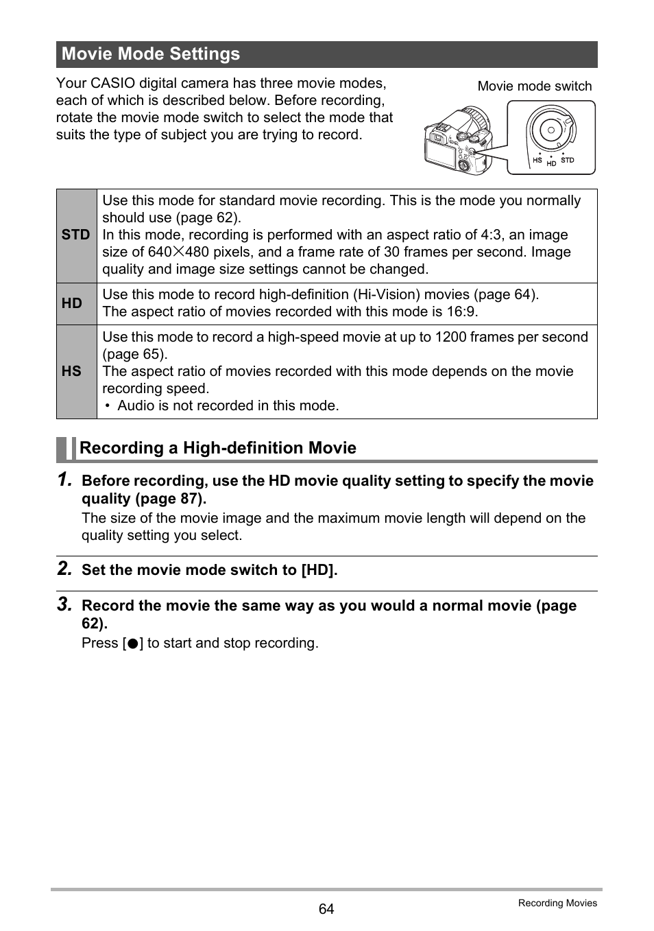Movie mode settings, Recording a high-definition movie | Casio EX-F1 User Manual | Page 64 / 186