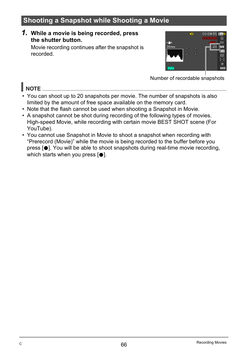 Shooting a snapshot while shooting a movie | Casio EX-F1 User Manual | Page 66 / 186