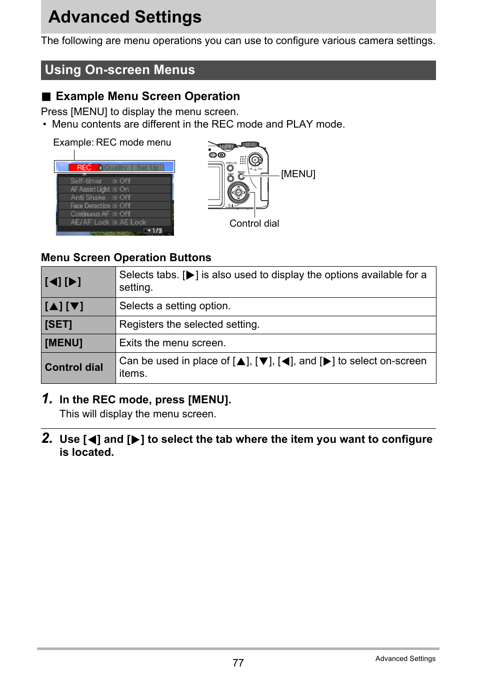 Advanced settings, Using on-screen menus | Casio EX-F1 User Manual | Page 77 / 186