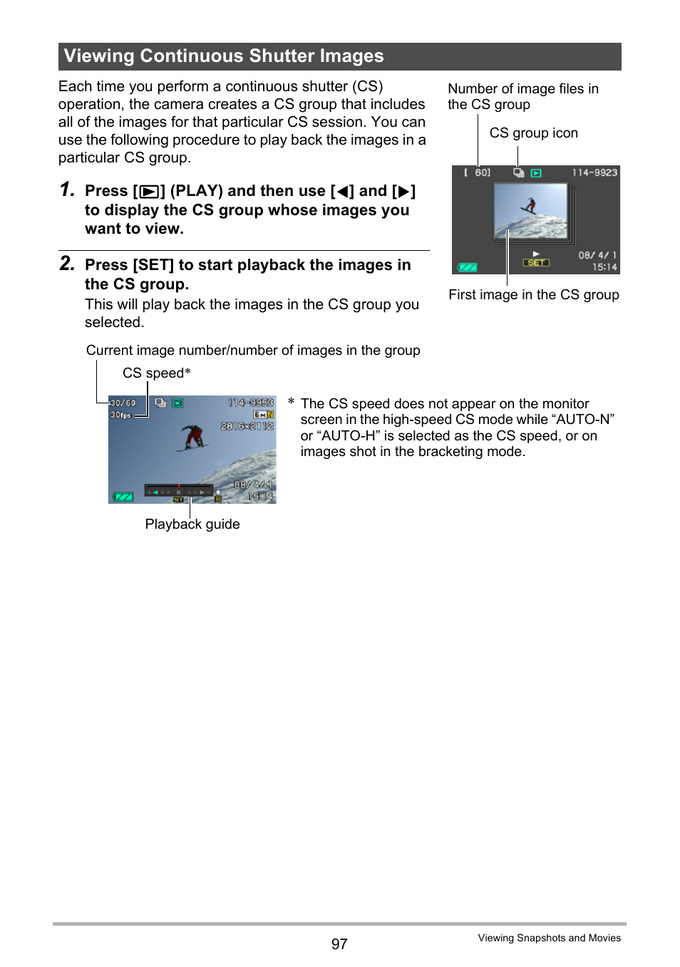 Viewing continuous shutter images | Casio EX-F1 User Manual | Page 97 / 186
