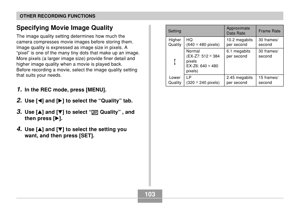 Specifying movie image quality, 103 specifying movie image quality | Casio EX-Z7 User Manual | Page 103 / 253