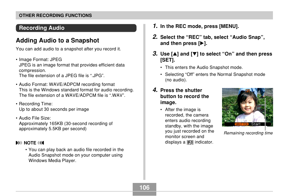 Recording audio, Adding audio to a snapshot | Casio EX-Z7 User Manual | Page 106 / 253