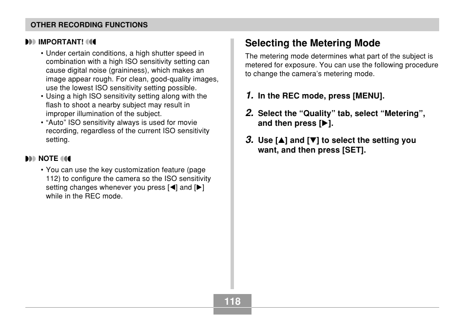 Selecting the metering mode | Casio EX-Z7 User Manual | Page 118 / 253