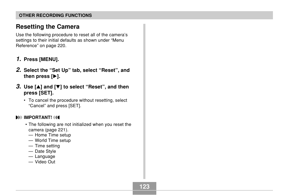 Resetting the camera, 123 resetting the camera | Casio EX-Z7 User Manual | Page 123 / 253