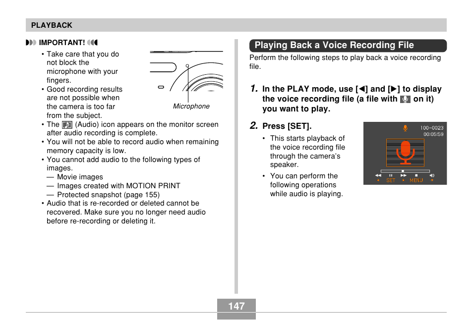 Playing back a voice recording file | Casio EX-Z7 User Manual | Page 147 / 253