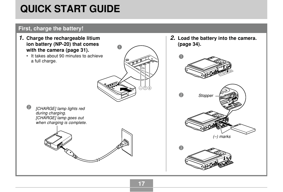 Quick start guide, First, charge the battery | Casio EX-Z7 User Manual | Page 17 / 253