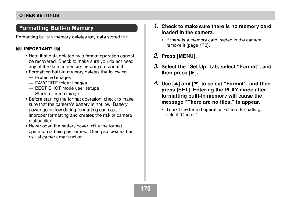 Formatting built-in memory | Casio EX-Z7 User Manual | Page 170 / 253