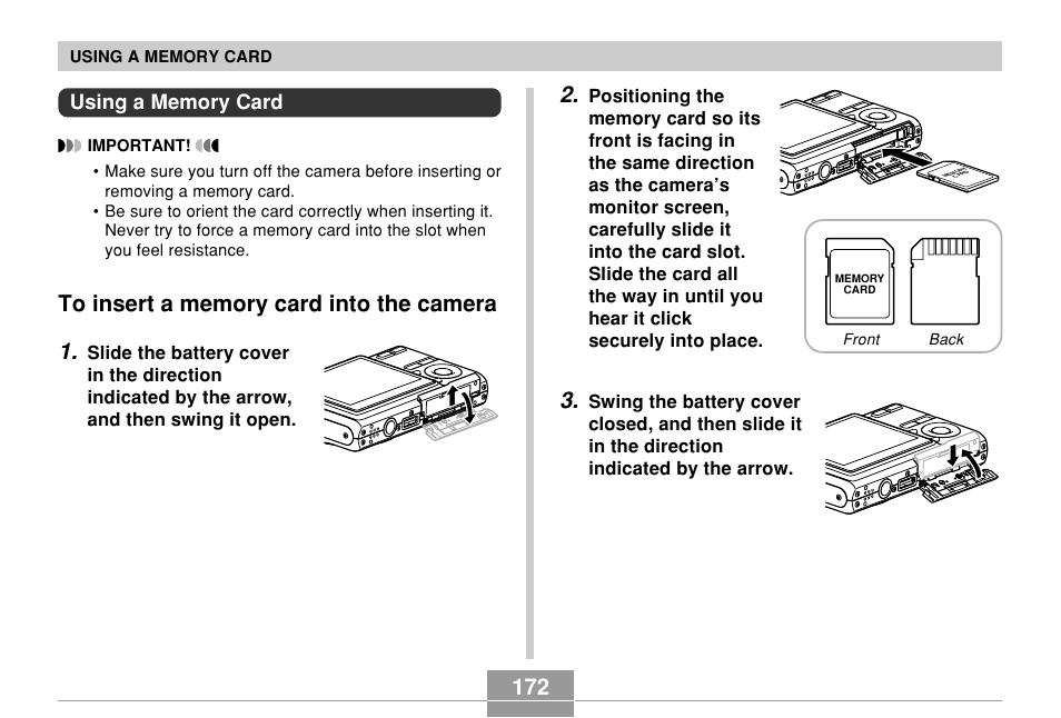 Using a memory card, To insert a memory card into the camera | Casio EX-Z7 User Manual | Page 172 / 253