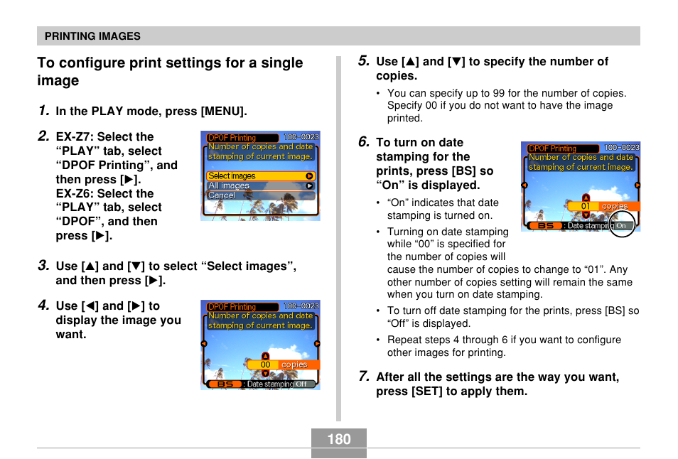 To configure print settings for a single image | Casio EX-Z7 User Manual | Page 180 / 253