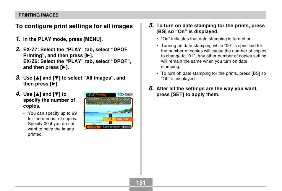 To configure print settings for all images, 181 to configure print settings for all images 1 | Casio EX-Z7 User Manual | Page 181 / 253