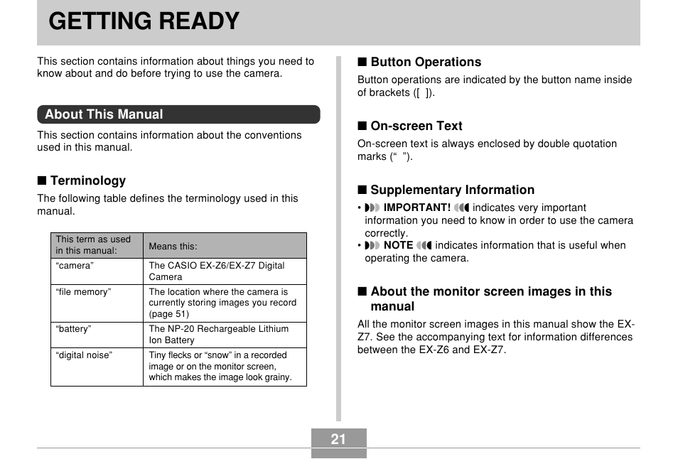 Getting ready, About this manual | Casio EX-Z7 User Manual | Page 21 / 253