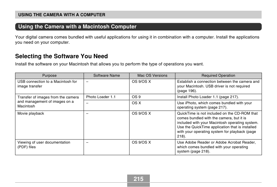 Using the camera with a macintosh computer, Selecting the software you need | Casio EX-Z7 User Manual | Page 215 / 253