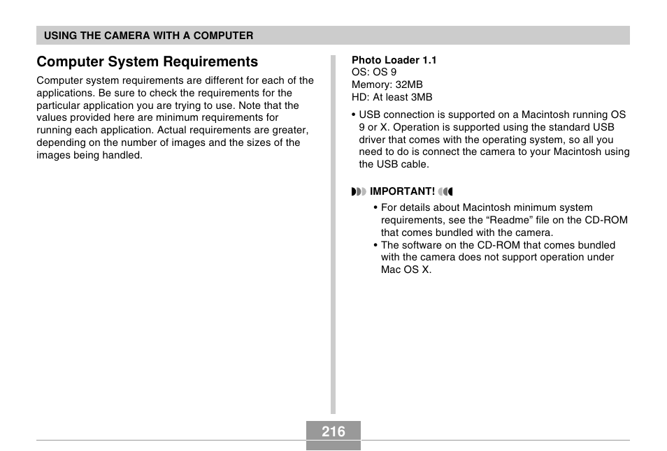 Computer system requirements, 216 computer system requirements | Casio EX-Z7 User Manual | Page 216 / 253