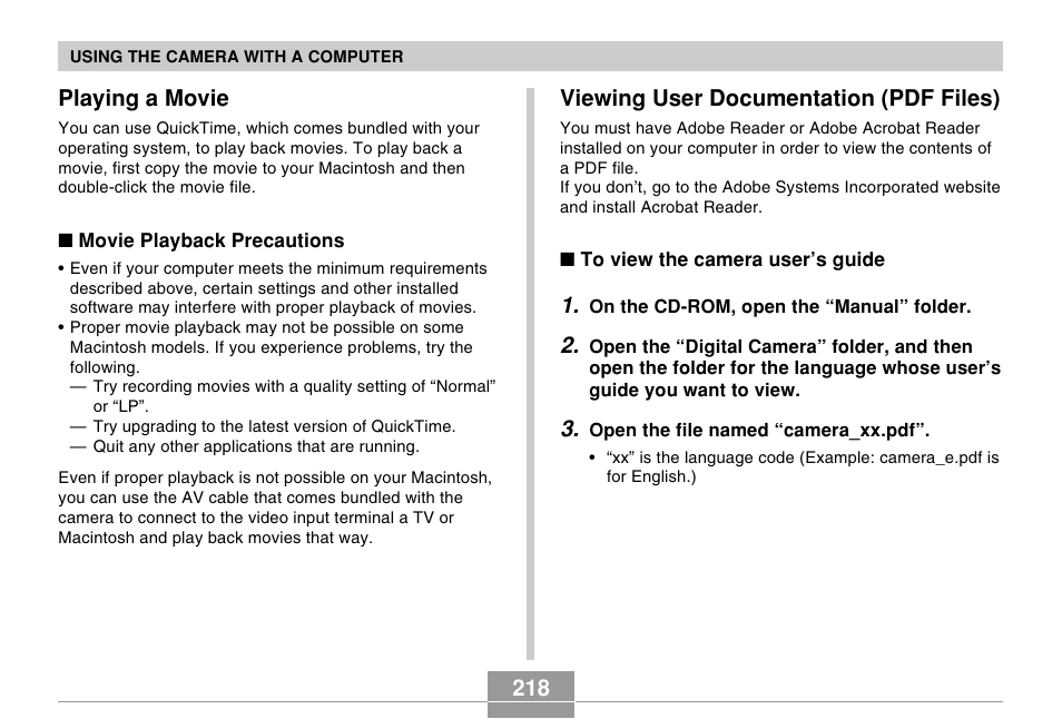 Playing a movie, Viewing user documentation (pdf files), 218 viewing user documentation (pdf files) | Casio EX-Z7 User Manual | Page 218 / 253