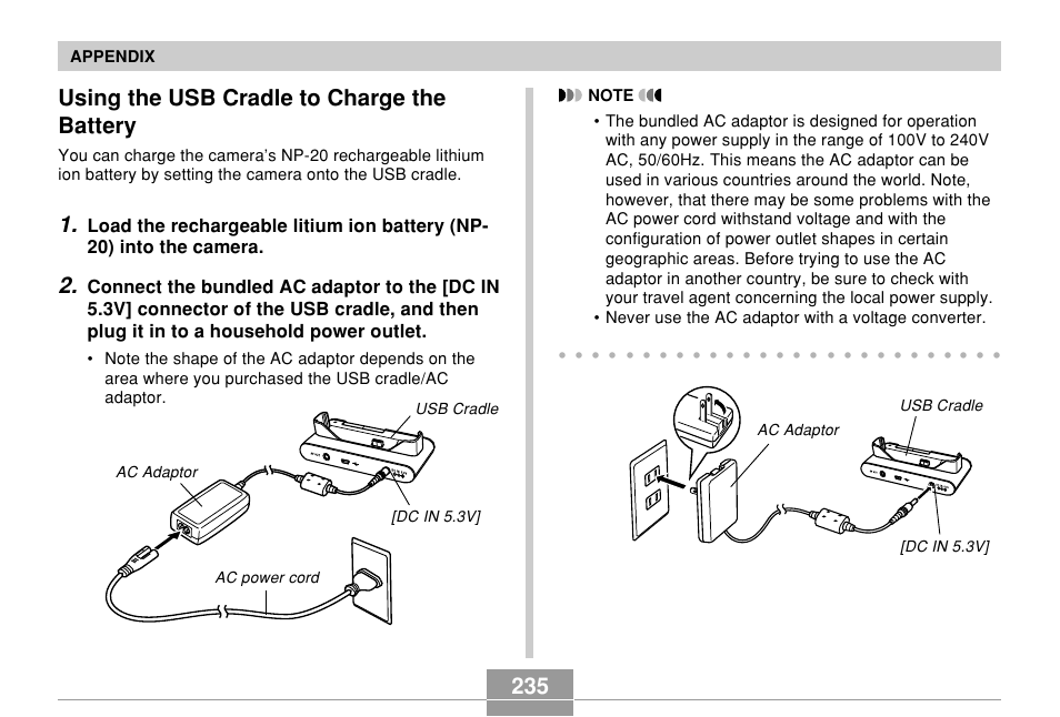 Using the usb cradle to charge the battery, 235 using the usb cradle to charge the battery, Appendix | Usb cradle ac adaptor [dc in 5.3v | Casio EX-Z7 User Manual | Page 235 / 253