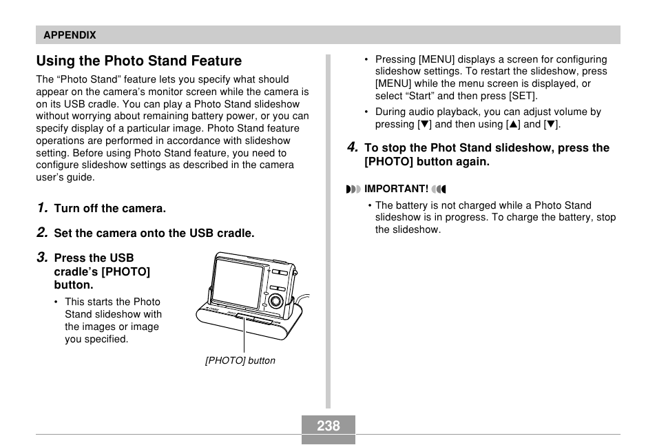 Using the photo stand feature, 238 using the photo stand feature | Casio EX-Z7 User Manual | Page 238 / 253