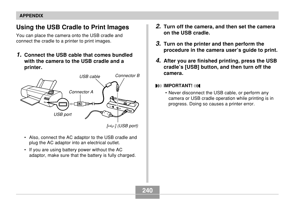 Using the usb cradle to print images, 240 using the usb cradle to print images | Casio EX-Z7 User Manual | Page 240 / 253