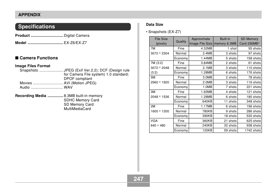 Specifications | Casio EX-Z7 User Manual | Page 247 / 253