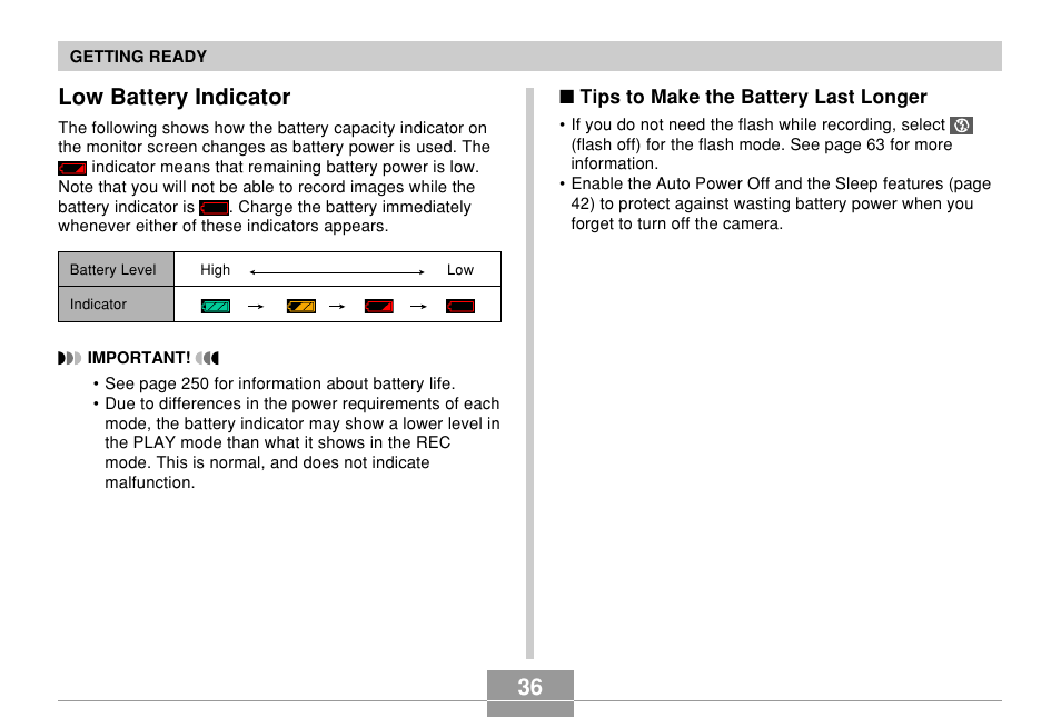 Low battery indicator, 36 low battery indicator | Casio EX-Z7 User Manual | Page 36 / 253