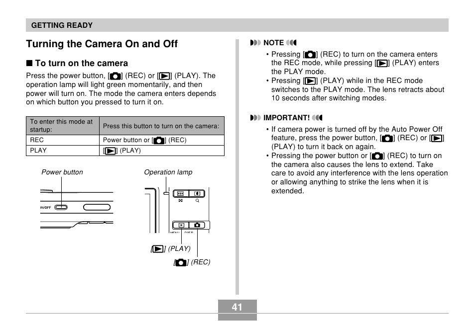 Turning the camera on and off, 41 turning the camera on and off | Casio EX-Z7 User Manual | Page 41 / 253