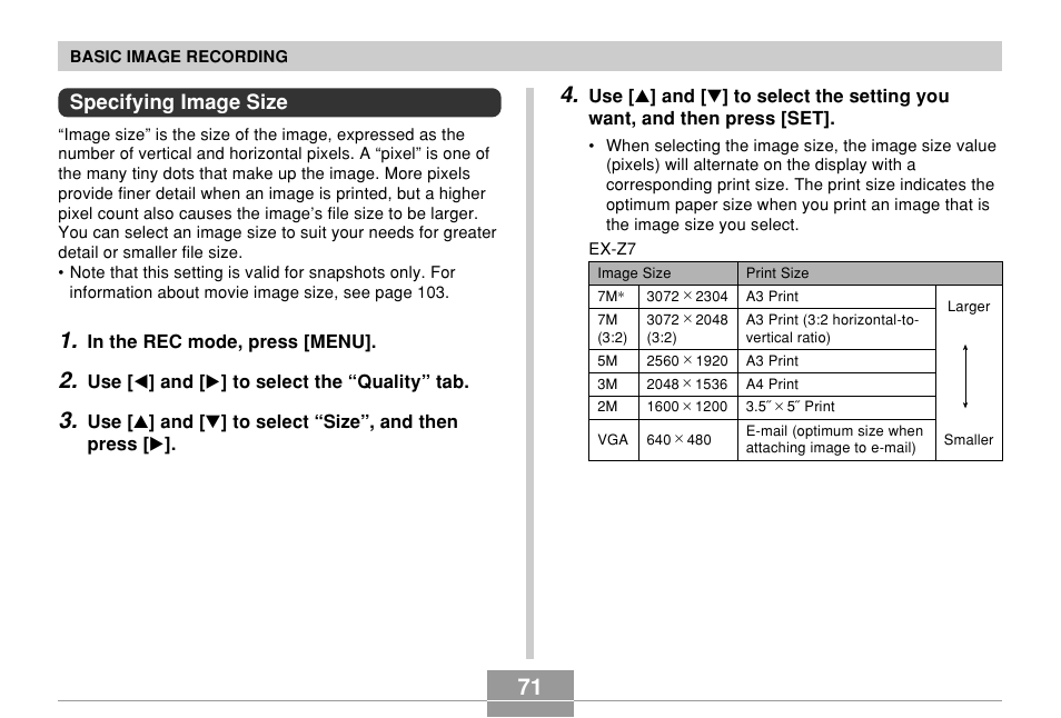 Specifying image size | Casio EX-Z7 User Manual | Page 71 / 253