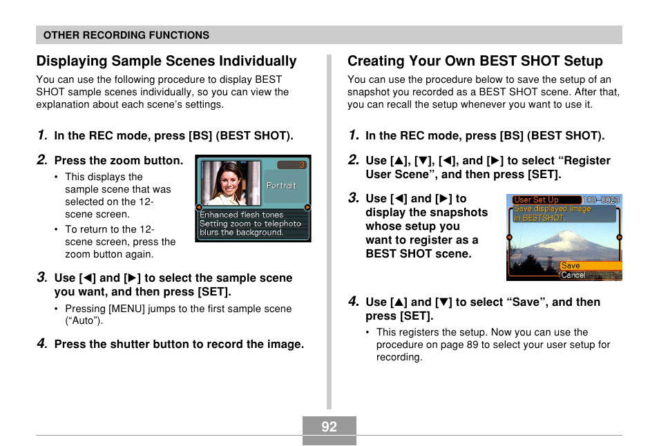 Displaying sample scenes individually, Creating your own best shot setup | Casio EX-Z7 User Manual | Page 92 / 253
