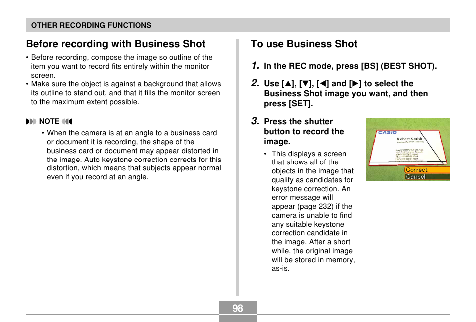 Before recording with business shot, To use business shot, 98 to use business shot 1 | Casio EX-Z7 User Manual | Page 98 / 253