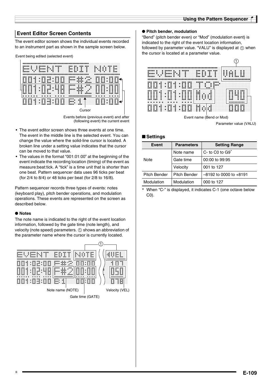 E-109, Event editor screen contents | Casio AT-5 User Manual | Page 111 / 163