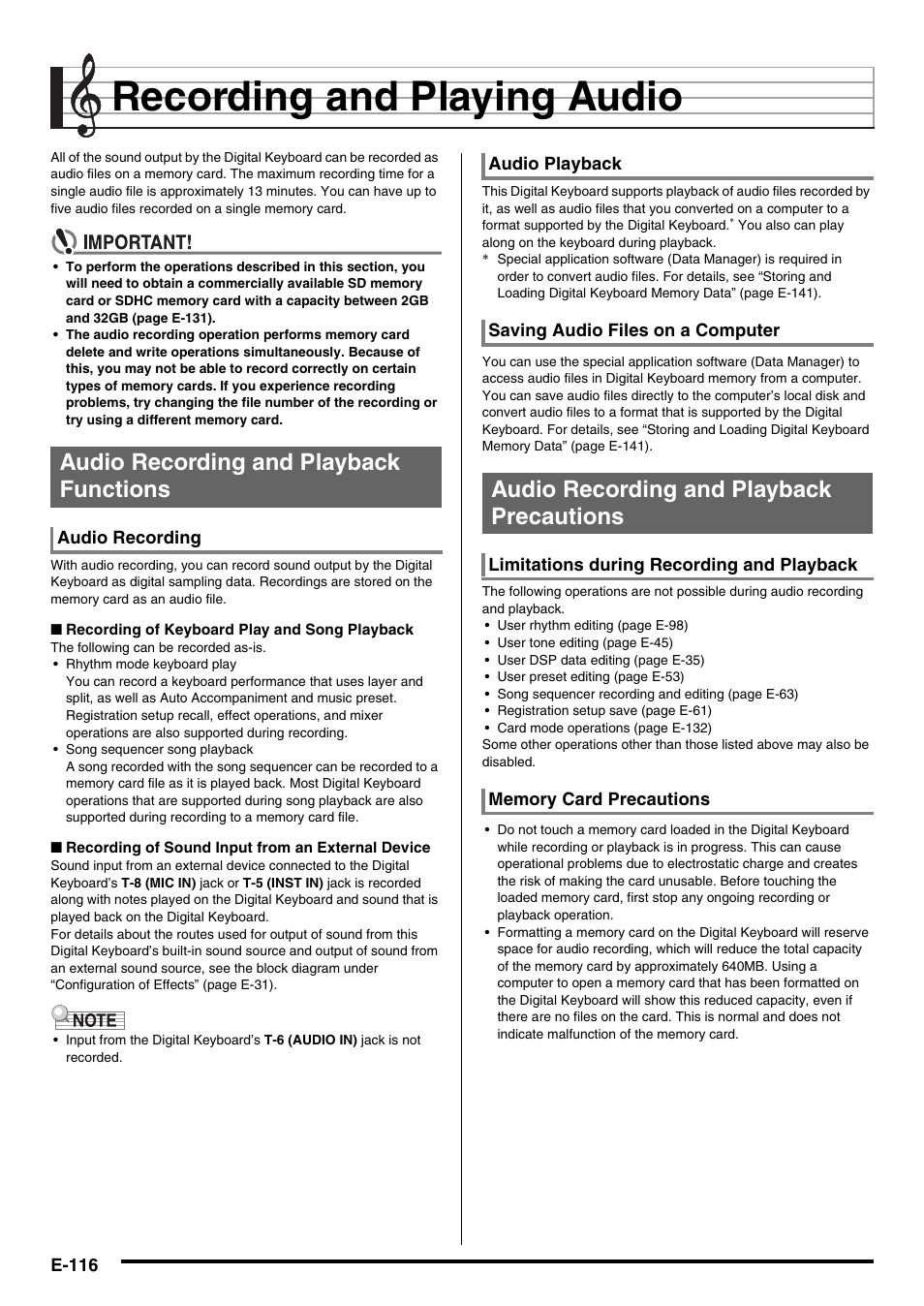 Recording and playing audio, Audio recording and playback functions, Audio recording and playback precautions | Casio AT-5 User Manual | Page 118 / 163