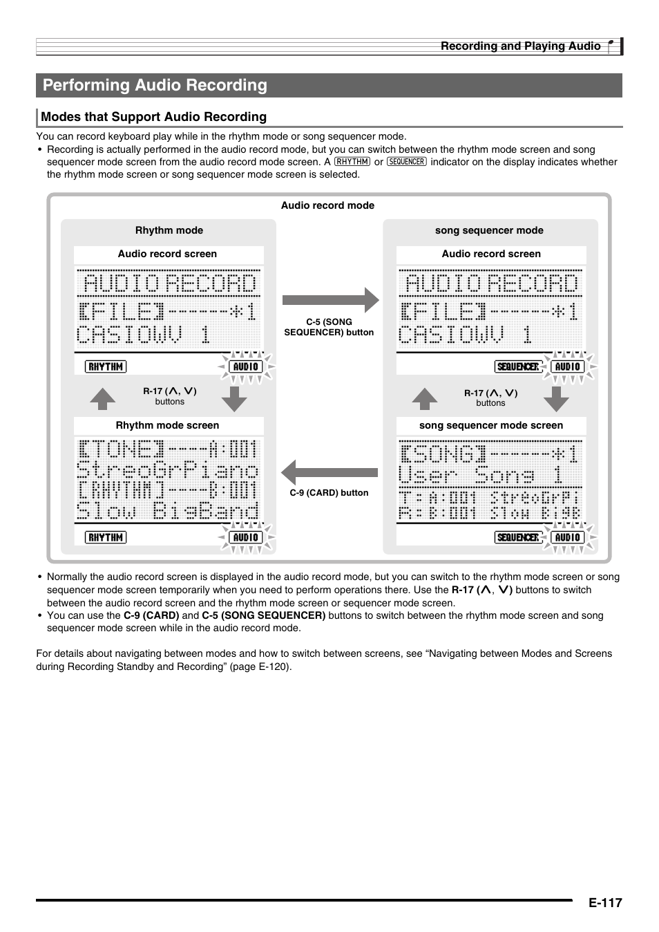 Performing audio recording, E-117, Modes that support audio recording | Casio AT-5 User Manual | Page 119 / 163