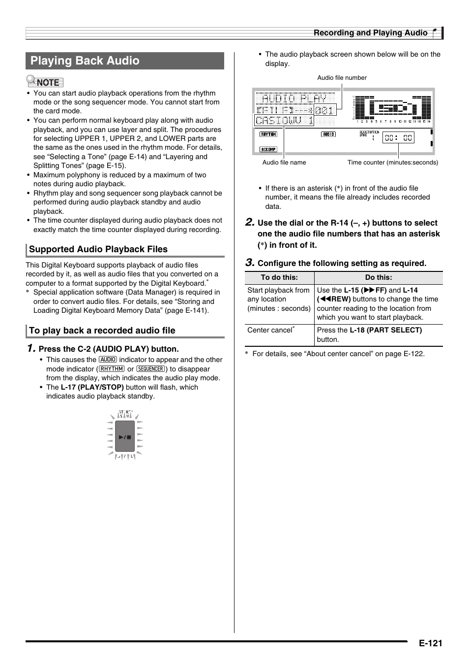 Playing back audio | Casio AT-5 User Manual | Page 123 / 163