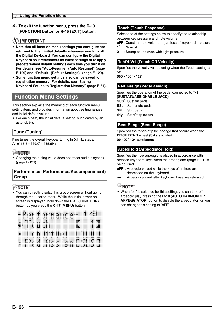 Function menu settings, E-126 | Casio AT-5 User Manual | Page 128 / 163