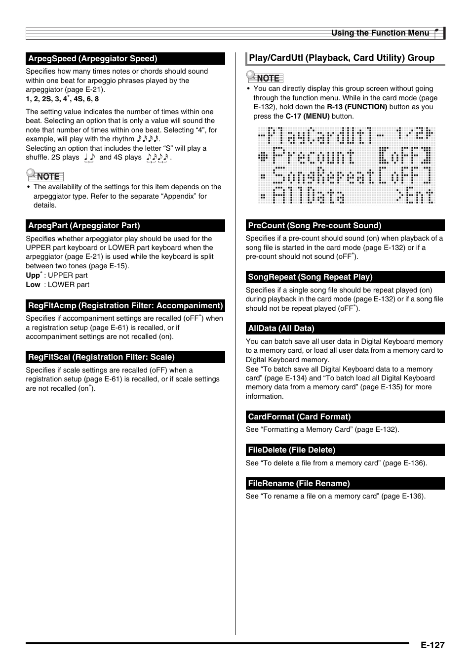 E-127, Play/cardutl (playback, card utility) group | Casio AT-5 User Manual | Page 129 / 163