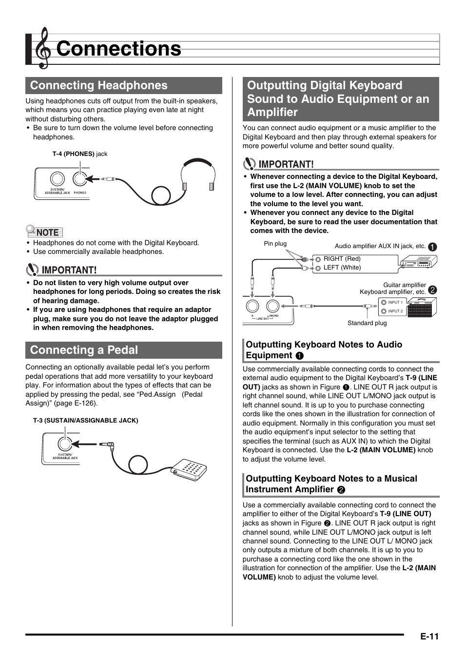 Connections, Connecting headphones connecting a pedal | Casio AT-5 User Manual | Page 13 / 163