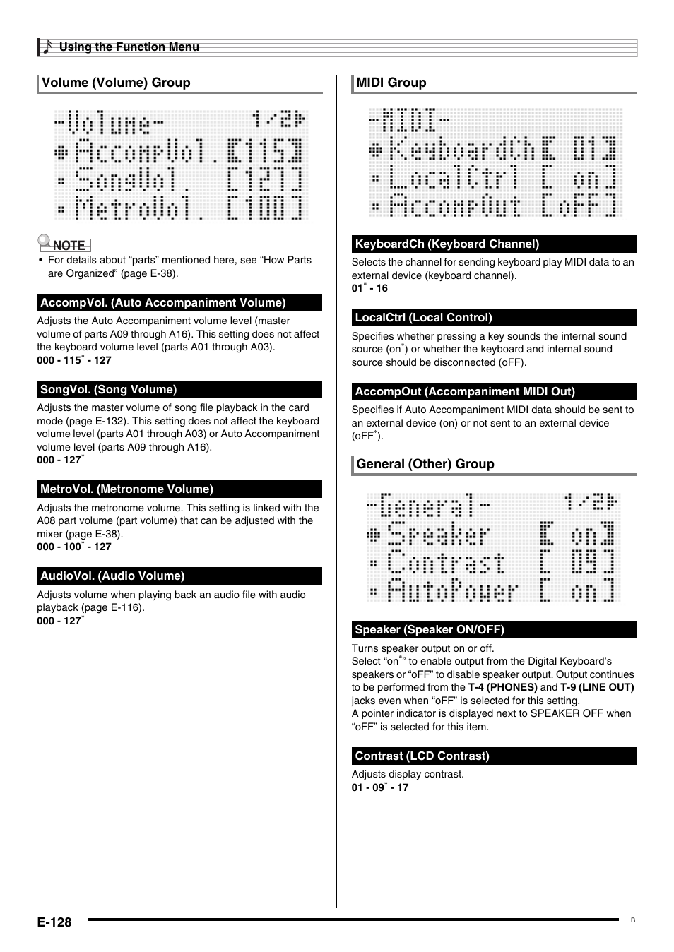 E-128, Volume (volume) group, Midi group | General (other) group | Casio AT-5 User Manual | Page 130 / 163