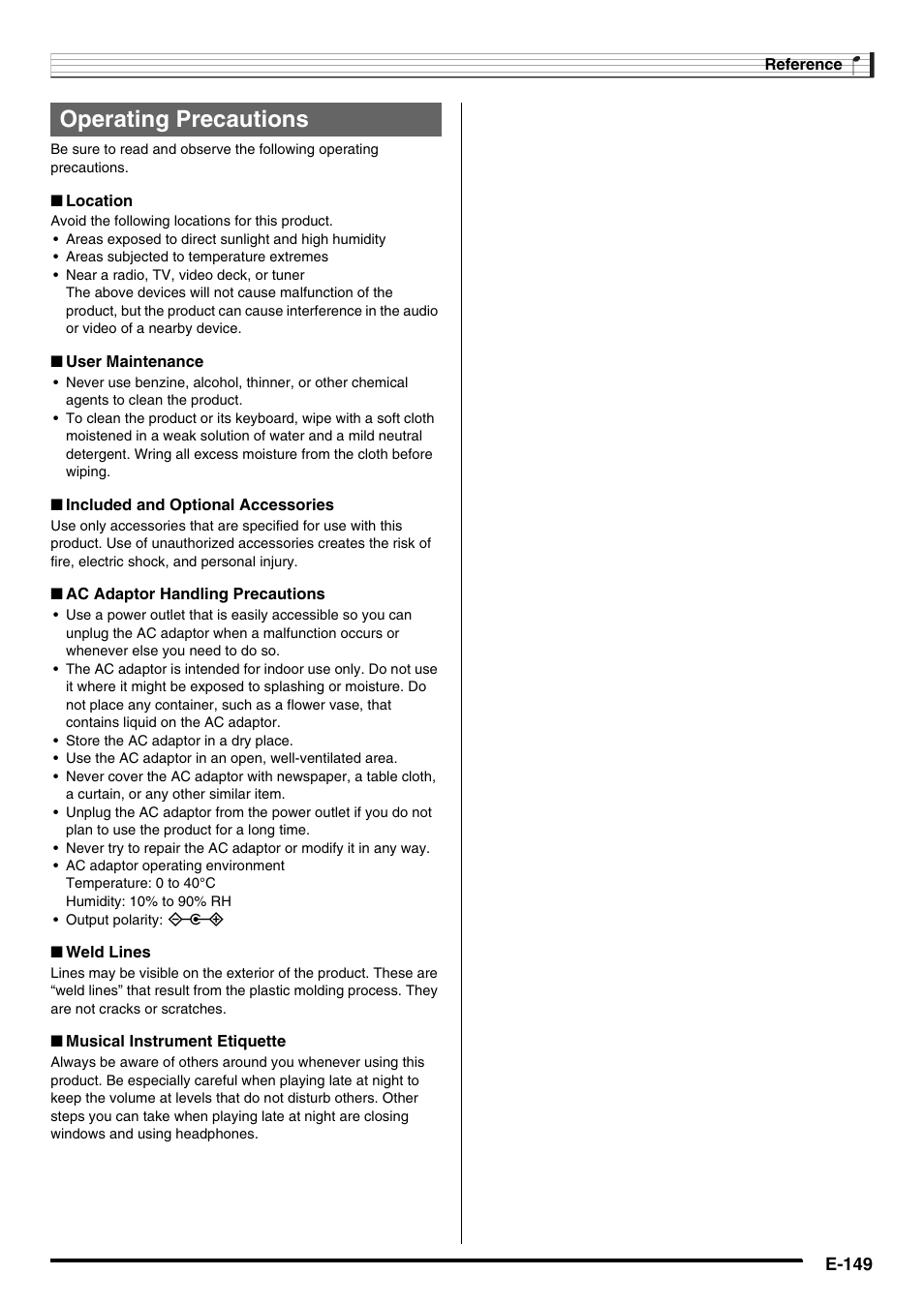 Operating precautions | Casio AT-5 User Manual | Page 151 / 163
